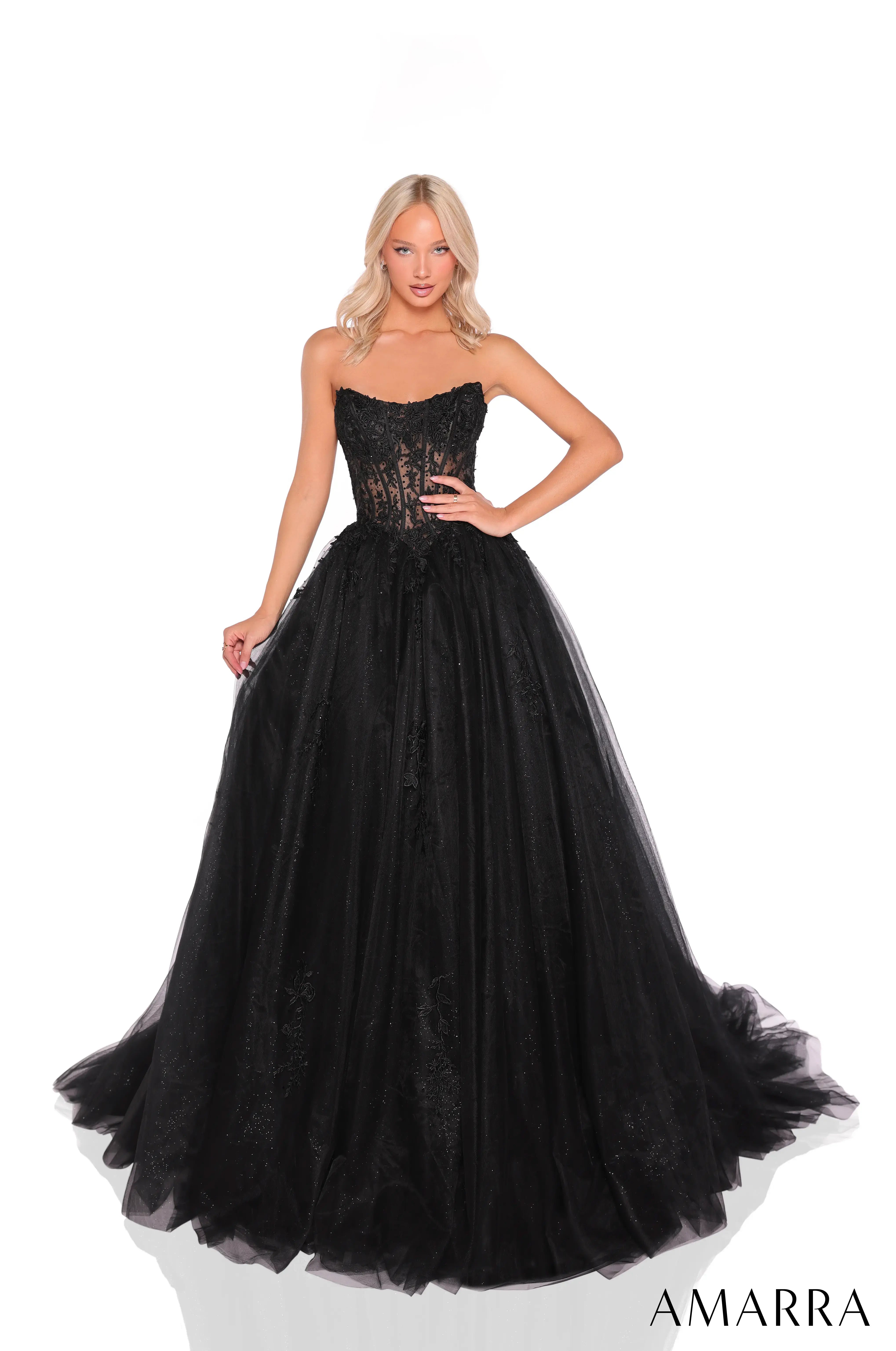 Black strapless gown with a textured bodice and flowing skirt on a white background, featuring the brand 'Amarra'.