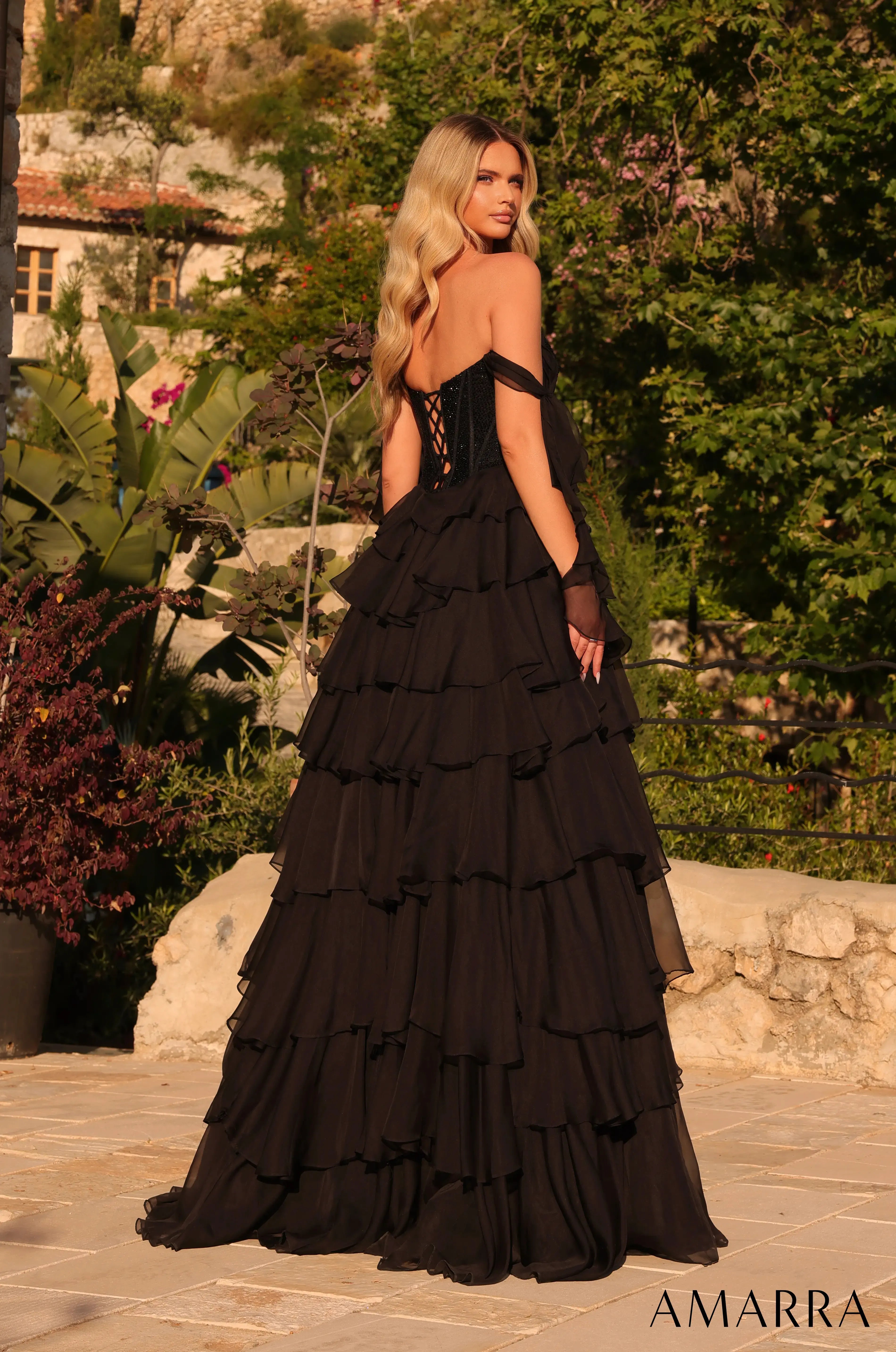 Off-Shoulder Ruffled Prom Gown with Lace-Up Back Style 89285