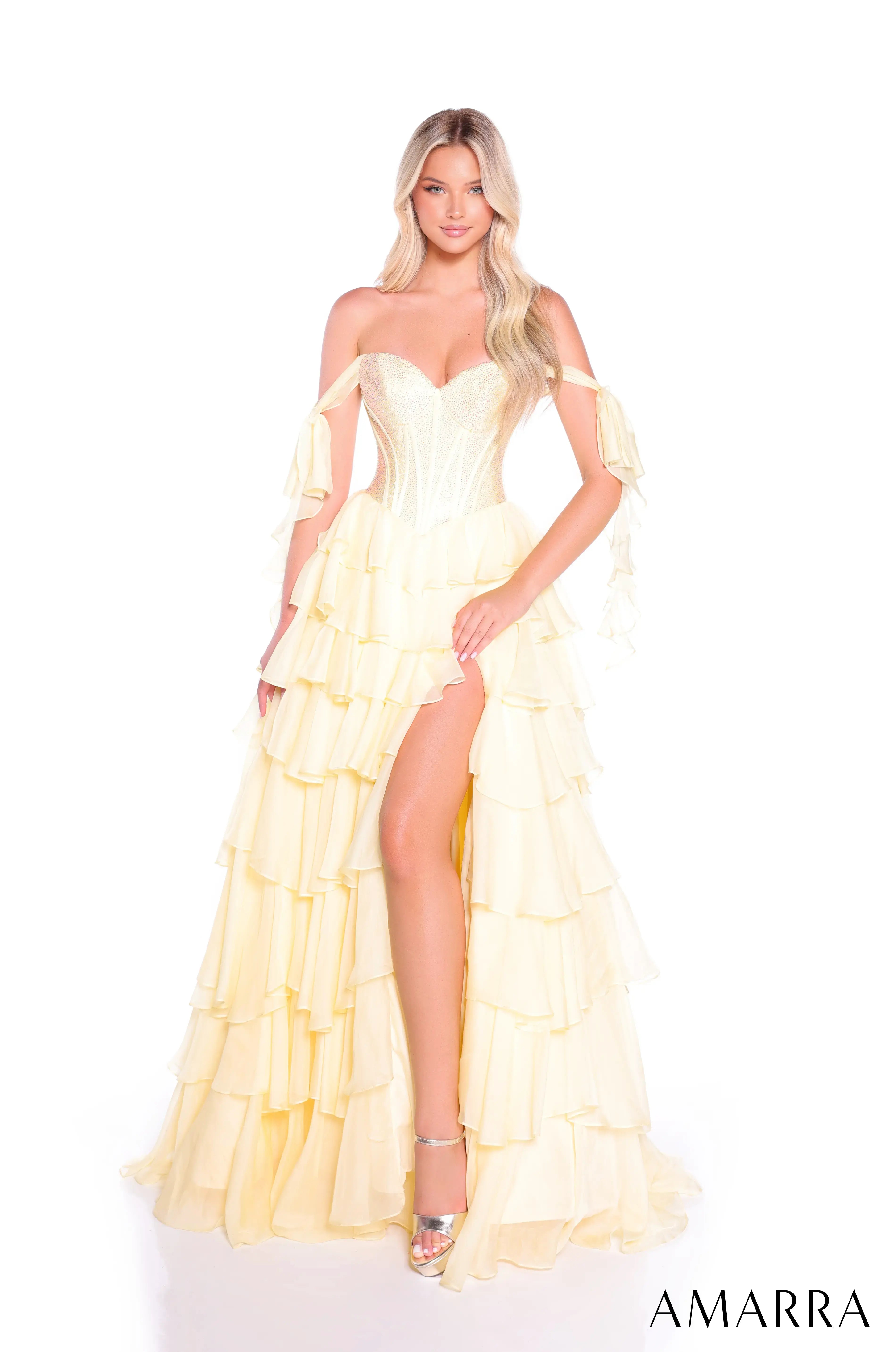 Off-Shoulder Ruffled Prom Gown with Lace-Up Back Style 89285