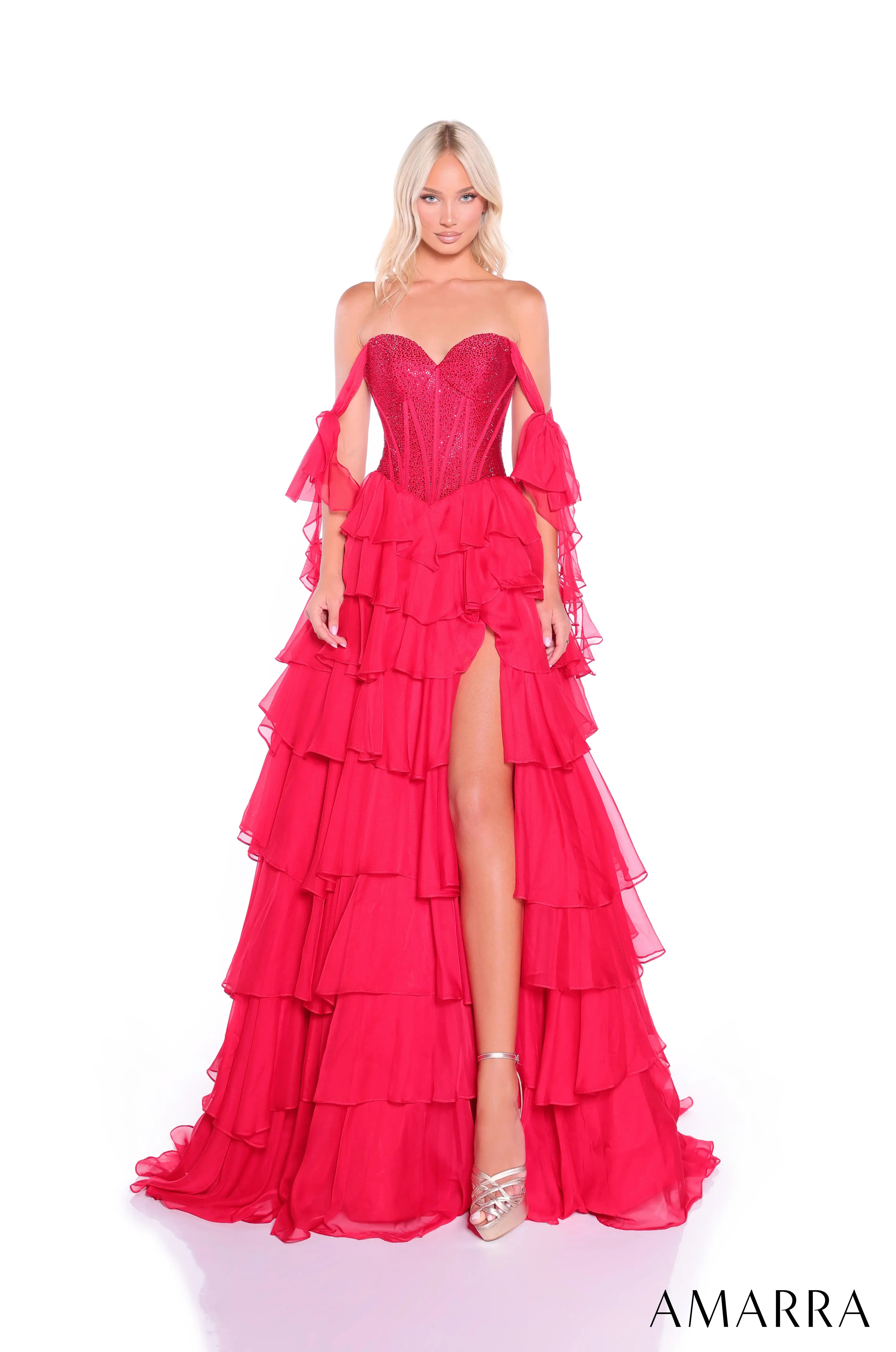 Off-Shoulder Ruffled Prom Gown with Lace-Up Back Style 89285