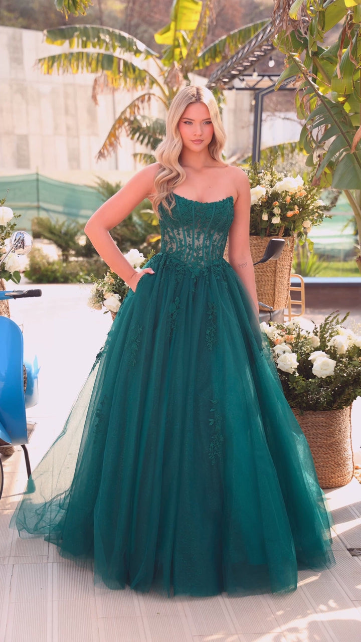 Sheer Lace Corset Ball Gown w/ Glitter Tulle Style 88913